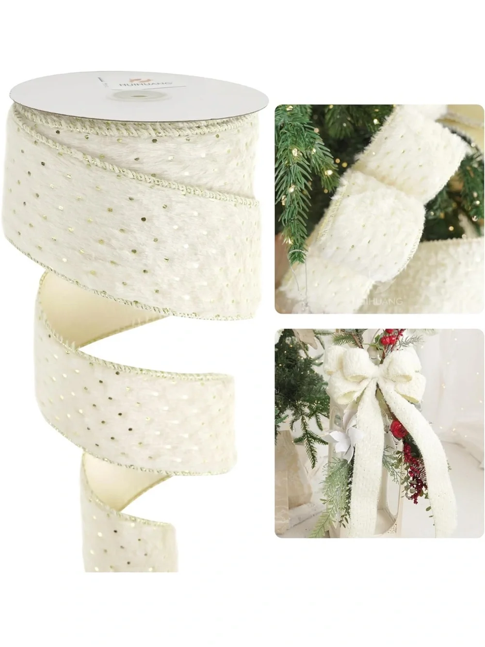 Ivory Christmas Ribbon 4 inch Faux Fur Wired Ribbon Gold Polka Dot nwt 2 rolls